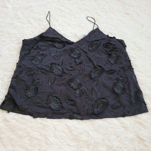 Ophelia Roe Cami Top‎ Large Black Floral Embroidered 3D Lined Minimalist 12782
